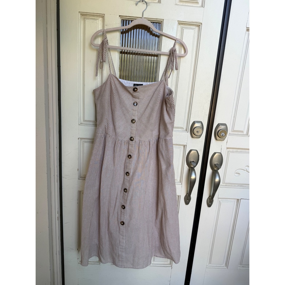 City Chic Tan White Striped Button Front Midi Sun Dress Tie Straps Size 18